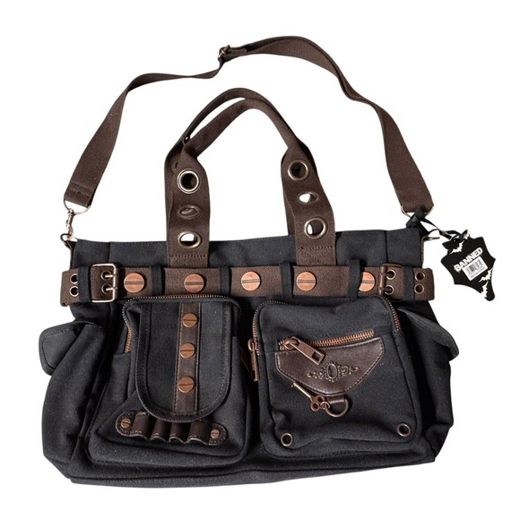 Banned Alternative DOOM LAGOON HANDBAG Steampunk Key Canvas Black Copper NWT - Picture 2 of 16